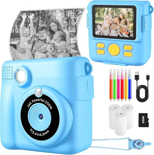 Kinderkamera Spielzeug, 2.4 Zoll Bildschirm DIY Sofortbildkamera Kinder, 1080P HD-Video Digitalkamera für Kinder, mit 32GB SD Karte & Druckpapier, Geschenk für Mädchen & Jungen ab 3-14 Jahren (Blau)