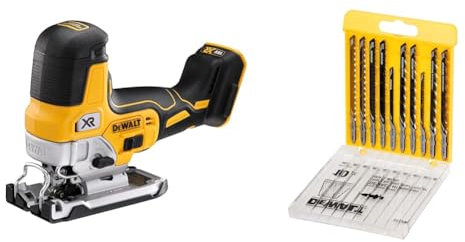 DEWALT Scie Sauteuse Sans Fil 18V - Sans Batterie ni Chargeur DCS335N-XJ & Coffret de 10 Lames en Acier de Scie Sauteuse - Spécial Découpe du Bois - Attache en T - Raccord à Baïonnette