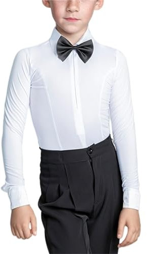 BK FASO Boys Latin Modern Dance Shirt Bodysuit Leotard Salsa Tango Ballroom Lapel Romper Tops with Bow Tie, 140CM