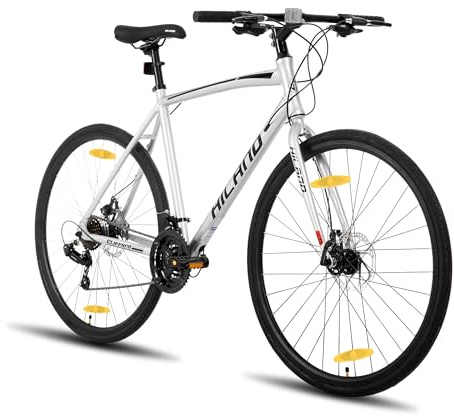 Hiland 28 tums vägcykel, stadsbord pendlare cykel med skivbroms för män, 570 mm ram bekvämt vägcykel 700C hjul 21 växlar silver