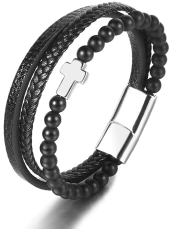ATEIELLI Naturstensarmband herr läderarmband med korshänge b338, Rostfritt stål