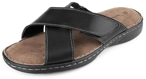 TIESTRA Sandali da Uomo in Vera Pelle con Nastro Magico e Dita a Vista,Pantofole Estive,Morbide e Casual,Antiscivolo,Suola in Gomma,Spiaggia Esterna Nero