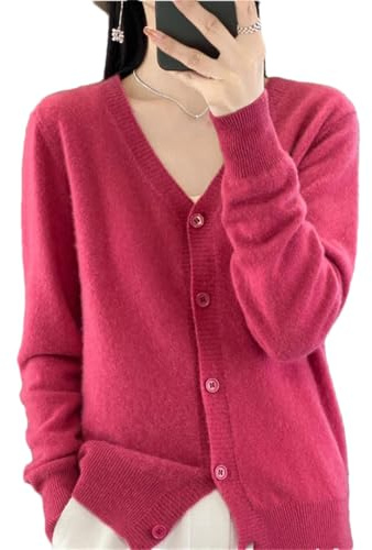 Bciopll Cardigan en cachemire pour femmes 2024 Col V Basique Tricoté Léger Manches Longues, rouge framboise, XXL