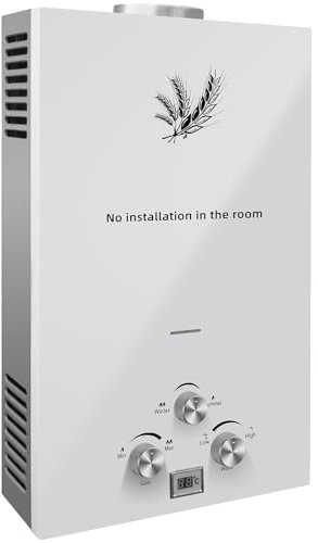 12LPM Chauffe-Eau à Gaz Instantané 24KW LPG GPL au Butane Propane avec Modes Hiver et Eté,Protection Contre La Surchauffe,Affichage de la Température,Blanc,pour La Maison,ExtéRieur,Camping Car