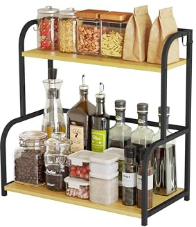 Wonthior Coffee Bar Station Kitchen Shelf Storage Organizer Spice Rack Wooden Coffee Accessories Shelves 2 Tier - Small Desk Worktop Shelving