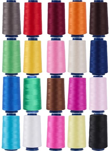 20 Rolls Larger Sewing Machine Threads, 3000 Yards Each Roll 20 Colors Serger Thread Cones White Black Sewing Thread Spools 20 Pack