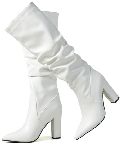 Ceciloroda Donna's Knee Stivali Alti Slouchy Ruched Wide Calf Fall Scarpe Appuntito Pull On Dressy Stivali Block High Heel Comodo White Size 36