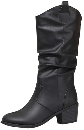 Generisch Stivaletto da donna pieghevole design slittamento stile rotondo pizzo alto stivali tacco alto altezza media stivaletti comodi per il tempo libero eleganti stivali da donna, 02 nero, 39.5 EU