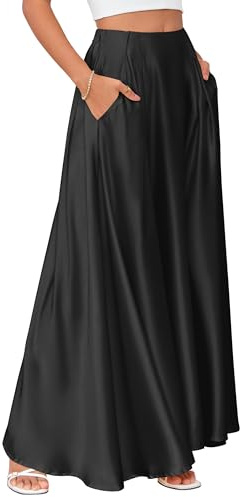 MAKABO Satin Long Black Skirts for Women Fall, Flowy Maxi Skirt with Pockets Trendy Winter for Thanksgiving Holiday, L