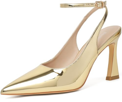 Susanny Gold Closed Toe Ankle Strap High Slingback Heels Pointed Toe Pumps Dress Comfortable Stiletto Sexy Buckle Strappy Dressy Shoes for Wedding Bridal Party Work 6.5