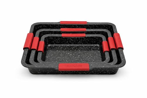 Set 3 Teglie da Forno Antiaderenti con Manici in Silicone Rimovibili – Teglie Rettangolari Resistenti ad Alte Temperature, Set Teglie da Cucina per Lasagne, Arrosti e Dolci