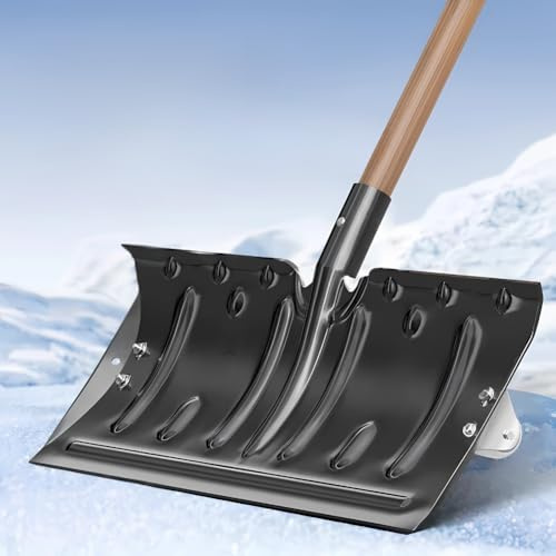 Pala de nieve de acero inoxidable con ruedas, mango de madera, 47.2 pulgadas, para uso en exteriores, ideal para quitar la nieve en entradas y entradas
