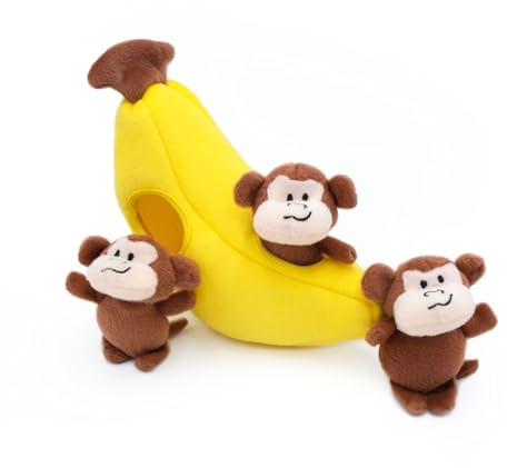 ZippyPaws Holk, interaktiva leksaker för hundar, stimulerande produkter som håller dem sysselsatta, gömma- och sök-pussel i plysch, pipande leksak, för små och medelstora hundar, banan med apor