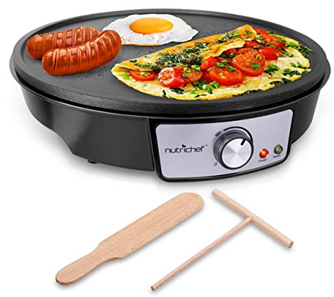NutriChef Electric Griddle & Crepe Maker | Nonstick 12 Inch Hot Plate Cooktop | Adjustable Temperature Control | Batter Spreader & Wooden Spatula | Used Also For Pancakes, Blintzes & Eggs