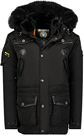 Geographical Norway - Abrigo de invierno de calidad Verarbeitung, piel sintética, muchos bolsillos forrados Negro XXL