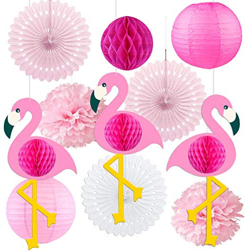 11 Stück Flamingo Party Deko Set, Hängende Papier fächer Laternen und PomPoms Deko, Seidenpapier Pompoms für Hawaiian Luau Strand Geburtstag Hochzeit Foto Dekor