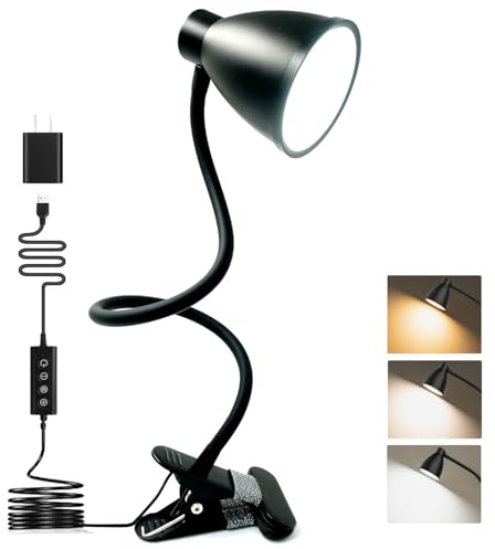 BOHON Desk Lamp 5 Color Modes 10 Brightness Dimmer Reading Light 10W 38 LED Clamp Lamp with Auto Off Timer 360° Flexible Neck Clip on Light for Bed Bedside, AC Adapter Include