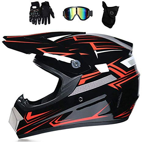 Motocross Helm Kinder Set, Schwarz & Rot, Motorrad Crosshelm mit Brille (5 Stück), Fullface MTB Helm Cross Downhill Helm Mopedhelm Motorradhelm Crossbike Enduro Off Road BMX ATV (M)