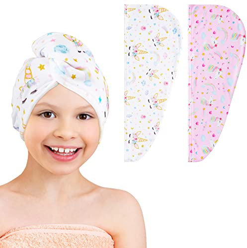 WAWSAM 2 Pezzi Asciugamani Capelli a Turbante Asciugamano in Microfibra per Capelli con Bottoni (Unicorno bianco e rosa)
