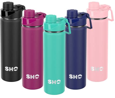 SHO Stainless Steel Sports Water Bottle - Leak Proof, BPA Free, No Sweat, Vacuum Insulated Double Walled Metal Flask - 12 Hours Hot 24 Hours Cold (660ml Aqua)