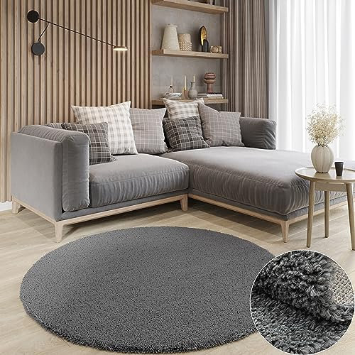 MY-RUG Teppich Shaggy Star Hochflor rund grau 100 x 100 cm - Schlafzimmer Teppich, Langflor, Günstig