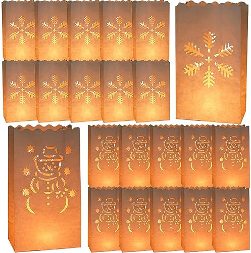 YGCHEN Weihnachten Lichttüten Schneeflocken Kerzentüten Papierlaternen Schneemann Kerze Taschen Weiß Candle Bags Weihnachtsdeko Hochzeiten Geburtstag Kerz Lichttüte (20 Stück)