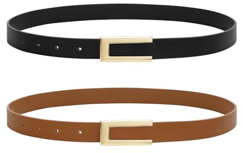 SANSTHS 2 Pack Skinny Leather Belts for Women, Ladies Thin Waist Belt for Dresses Jeans Pants with Gold Buckle, Black+Brown, S