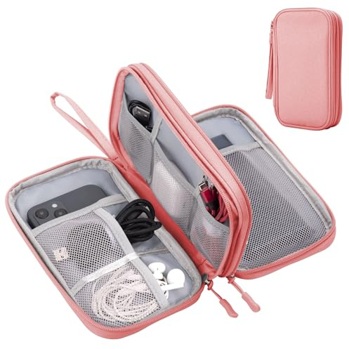 Arae Étanche Sac de Câble de Voyage Grande Capacité Antichoc, Organisateur Portable Double Couche pour Accessoires Électroniques, Compact pour Tech Gadgets, M, Rose