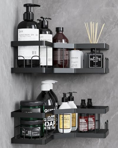 Shower Caddy, 2 Pack Black Bathroom Shelves, Adhesive Shelf Storage No Drilling, Shower Organiser, Rust-Resistant Caddy Corner, Soap Holder, Bathroom Accessory