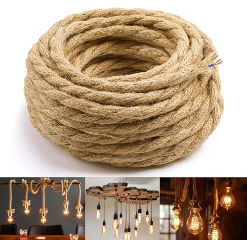 BrightArk 20m Textilkabel 3 Adrig,3 x 0,75mm² Lampenkabel,Textilkabel für Leinen,Vintage Stromkabel Stoff Gedreht Stoffummantelt,Elektrische Kabel für DIY Hängelampe,DIY-Dekoration,AC220-250V