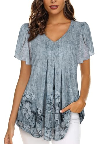 Womens Blouses V Neck Ladies Tops Petal Short Sleeve Chiffon Top | Double Layers Mesh Tunic Tops Casual Shirts