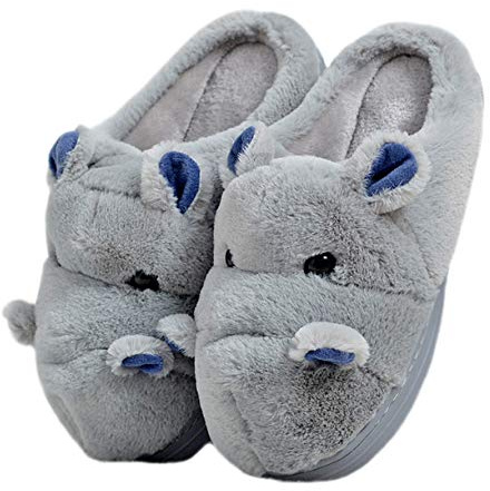 LANFIRE Niños y adultos zapatillas de algodón hipopótamo casa zapatillas de felpa zapatillas de animales, gris, 38/39 EU Estrecho