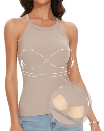 ANYFITTING Top Damen Sommer mit Integriertem BH ärmelloses Shirt Damen Neckholder Cami Bluse BH Hemden für Damen Geripptes Cremig M