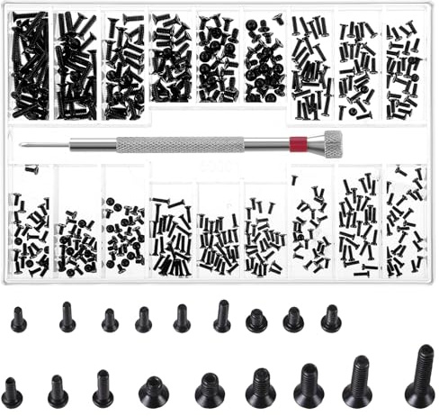 500 Pcs Tiny Screws Tiny Micro Repair Screw Kit M1.2/M1.4/M2.0 Small Replacement Screws Black Laptop Computer Electronic Screw Assortment Kit with Screwdriver for Glasses Watches