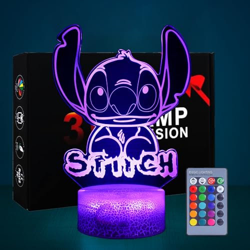 Hoofun Lámpara Stitch: Luz Nocturna Stitch Anime 3D Ilusión de 16 Colores con Control Remoto, Regalos y Merchandising de Stitch para Decoración de Habitación Infantil, Cumpleaños de Niñas, Navidad