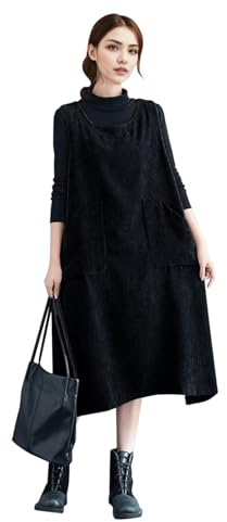 Runstarshow Corduroy Dress for Women Ladies Pinafore Dresses Oversized Sleeveless Cord Dress with Pockets Loose Fitting Cute Fall Winter Spring Clothing Plus Size M-XXL Black
