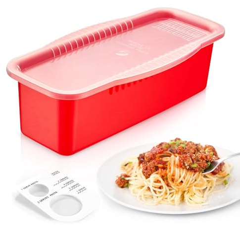 MUXIUNT Olla de pasta para microondas con tapa coladora, olla para pasta en microondas con nivel de agua y dispositivo de medición de porciones de espaguetis, artículos esenciales para dormitorio