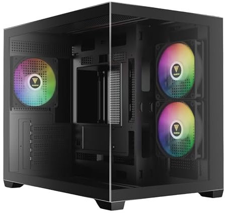 GAMDIAS AURA GC10M Dual Chamber mATX Micro-Tower Gaming PC Case, Seamless 270° Panoramic View, Tool-Free Installation Tempered Glass Panel, Pre-Installed 3x 120mm ARGB Fans, Manetic Dust Filter, Black