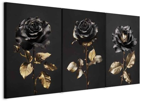 murando - Set De 3 Composición Cuadros Rosas con hojas doradas 60x30 cm 3 Piezas 20x30 cm Cada - Conjunto De 3 - Cuadro Para Pared Floral Pintura Decoración Salón Modernos - b-H-10169-b-a