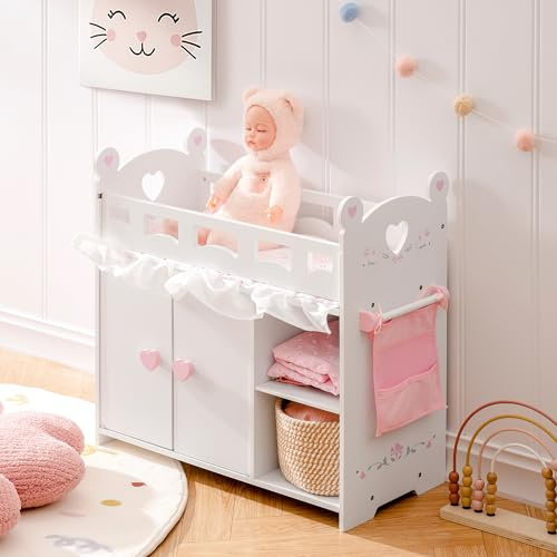 ROBOTIME Baby Doll Crib – Wooden Baby Doll Changing Table with Storage – Bedding & Hooks, Fits 18-21 Dolls, Doll Bed Playset for Girls Ages 3+