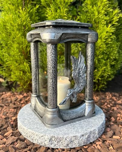 Lampada da tomba con angelo 3D, 25 cm, colore argento, candela funerale, decorazione da giardino, lanterna con candela + base