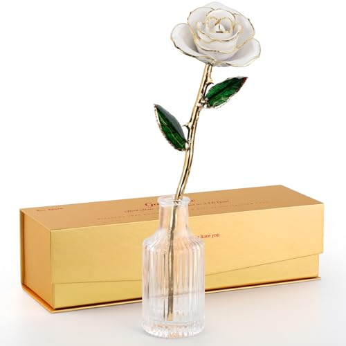 ECO SPACE 24K Gold Dipped Rose – Handpicked Real Rose in 24K Gold – Pure, One-of-a-Kind Romantic Gift for Her – Perfect for Birthday, Anniversary, Mother’s Day, Valentine’s (Ivory White)