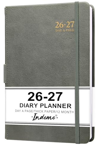 Indeme Academic Diary 2026-2027 - Diary 2026-2027 Day to Page, A5 Day Per Page from August 2026 - July 2027 with Pen Loop, 180° Flat Out, Monthly Stickers, grey