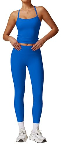 IMEKIS Conjunto de gimnasio de 2 piezas para mujer, traje de yoga, tirantes con tirantes en la parte posterior Soprt Crop Top y leggings de cintura alta, traje de deporte, verano, fitness