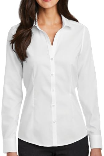 JiaYouLC Women's Long Sleeve Casual Blouses & Shirts Ladies Plain Stretch Button Down Shirts (UK, Alpha, S, Regular, Regular, White)