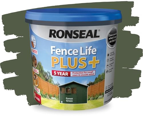 SAVING HUB 2x Fence Paint 5L – Shed & Fence Life Plus Paint for Outdoor Wood – Weatherproof Garden Paints – For Rough Sawn & Smooth Timber – Exterior Wood Treatment, (Forest Green, 5 Liter)