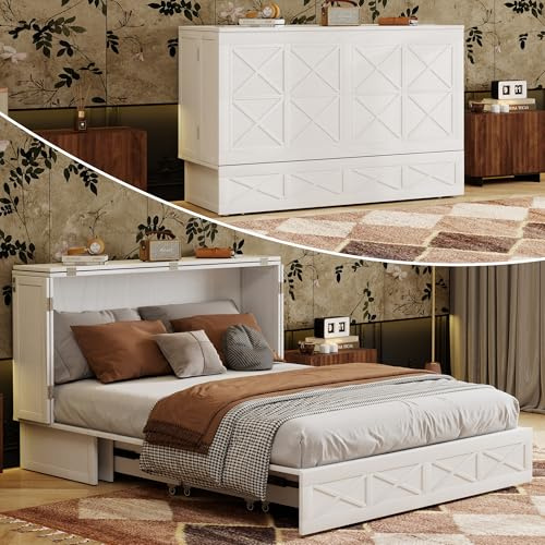 CFITCER Solid Wood Murphy Bed Without Mattress: Solid Wood Queen Murphy Bed with Storage Drawer and Built-in USB Charging Station, Hidden Bed Furniture for Multipurpose Area, Diamond Ivory White-22