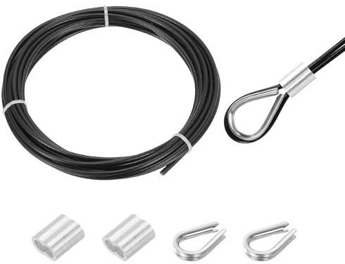 QUARKZMAN Cable De Acero Inoxidable 304 De 16 Pies Con Revestimiento De Vinilo De 4mm Con 2 Piezas De Manguitos De Aluminio Y Ojete Para Barandales Cubiertas Colgar Líneas De Ropa Negro 5m