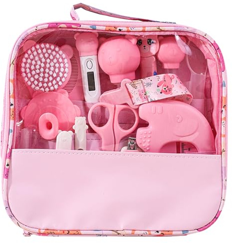 Liemuao Trousse de Soin Bebe Naissance, Kit de 15 Accessoires dont Brosse à Cheveux, Thermomètre digital, Thermomètre de bain, Petit Coupe Ongles, Trousse de Toilette Bébé pour Voyage Maison (Rose)
