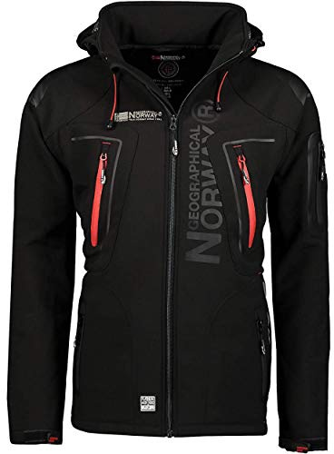 Geographical Norway TECHNO MEN - Chaqueta Softshell Impermeable Hombres - Capucha Hombre Transpirable Exteriores - Chaqueta Invierno Viento - Actividades Ideales Para Exteriores (NEGRO L)